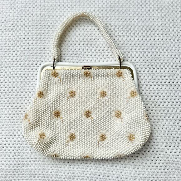 Corde Bead Handbags - Vintage Corde Bead Bridal Snowflake Winter White Gold Clasp Top Handle Bag
